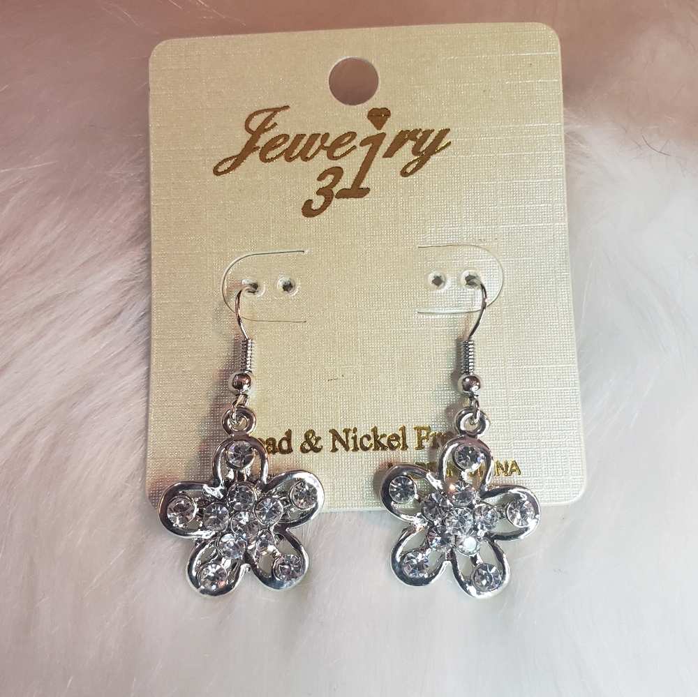 Silver Rhinestone Flower Earrings